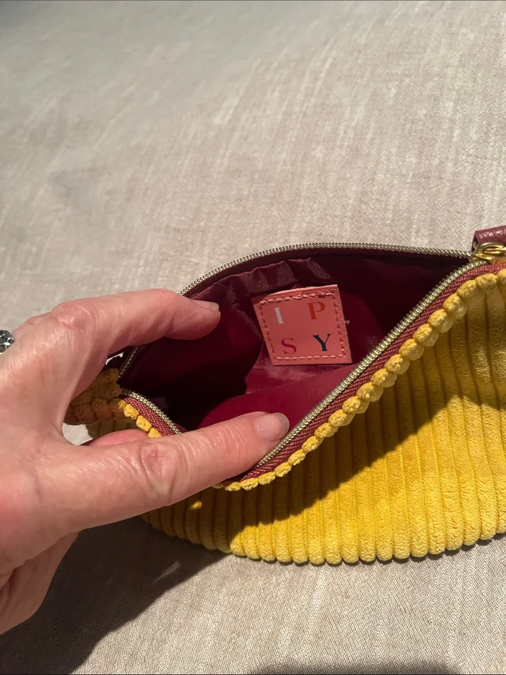 ipsy Mustard Yellow & Red-Brown Ribbed Corduroy Makeup Pouch
